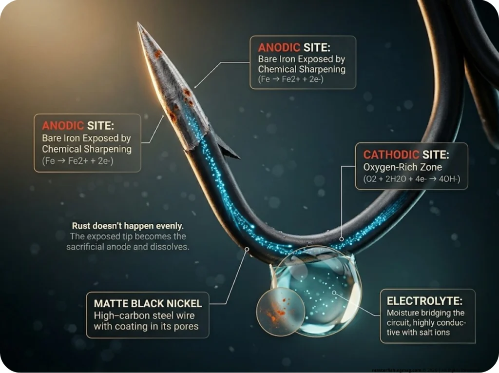 Close-up infographic showing treble hook rust chemistry with water droplet galvanic cell and electron flow arrows