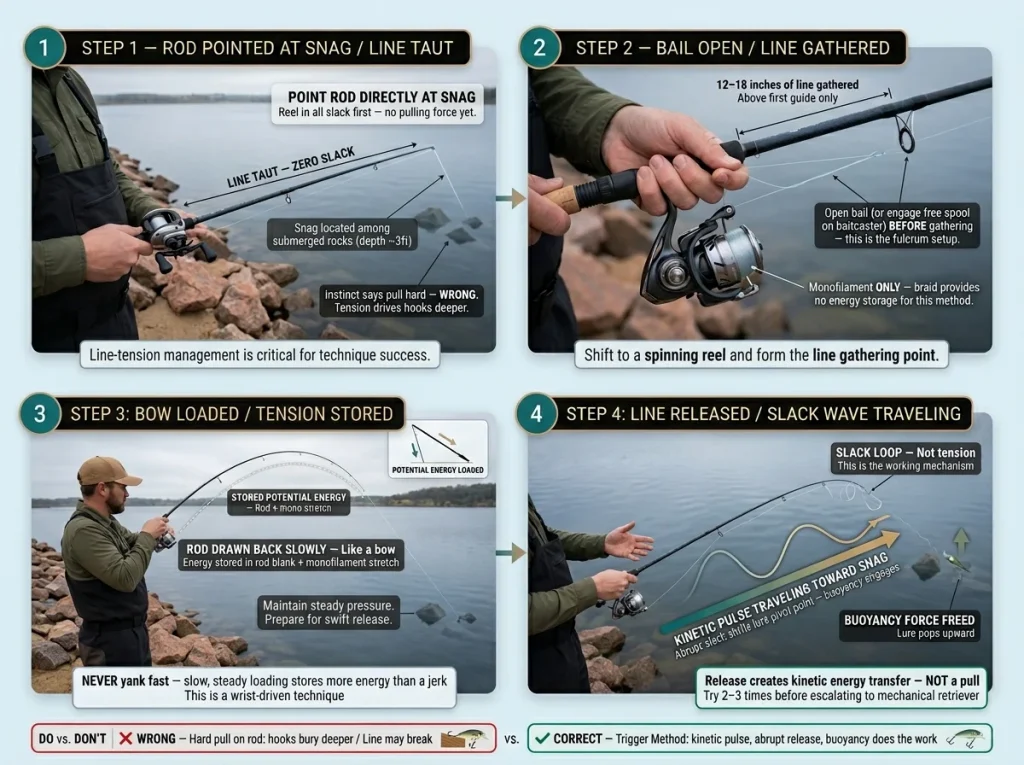 Photo sequence showing four-step Trigger Method snag recovery with rod position, bail release, bow-load, and slack wave labeled