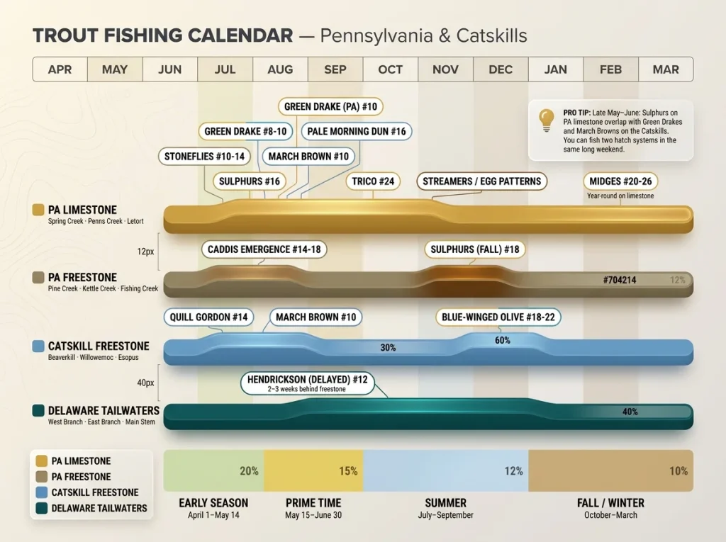 Infographic showing month-by-month trout fishing timeline April–March with hatch names, color-coded region bars, and peak windows