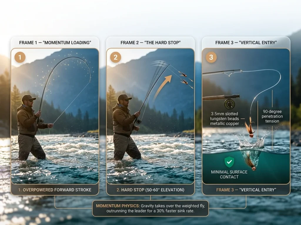 Three-frame photographic sequence showing the tuck cast stages: rod loading, hard stop, and vertical fly entry.