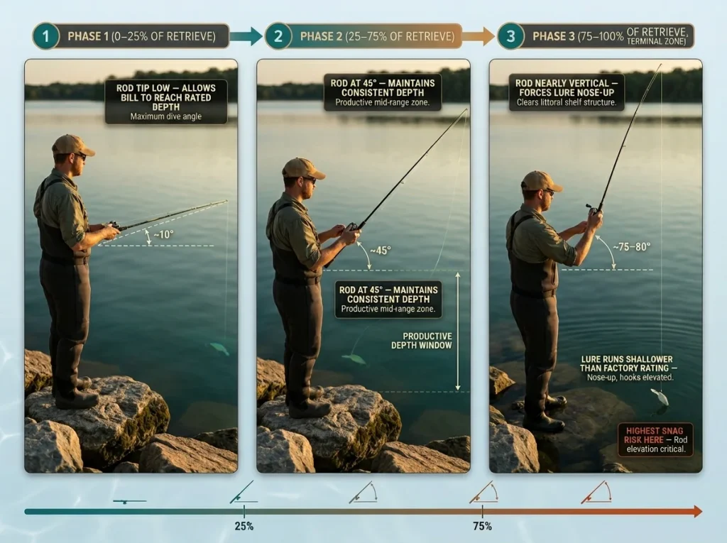 Photo sequence showing three vector cranking rod tip phases with labeled retrieve positions and depth control annotations