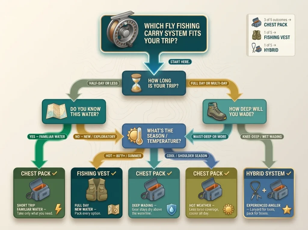 Infographic decision flowchart helping anglers choose between fishing vest and chest pack based on trip duration, water familiarity, wading depth, and season