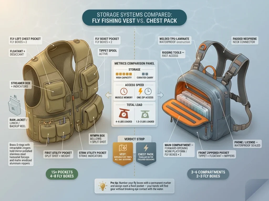 Infographic comparing fishing vest 15+ pocket layout versus chest pack 3-6 compartments with access speed and storage volume labels