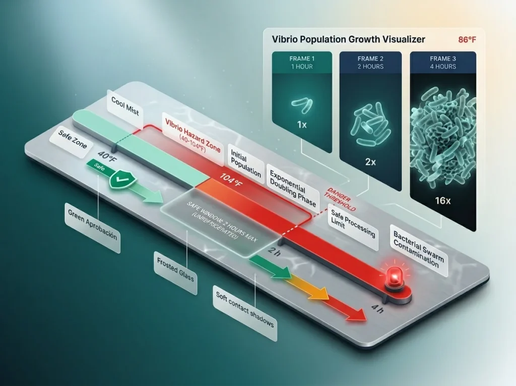 Infographic showing Vibrio bacterial hazard zone temperatures (40°F–104°F) and doubling-time population growth bars