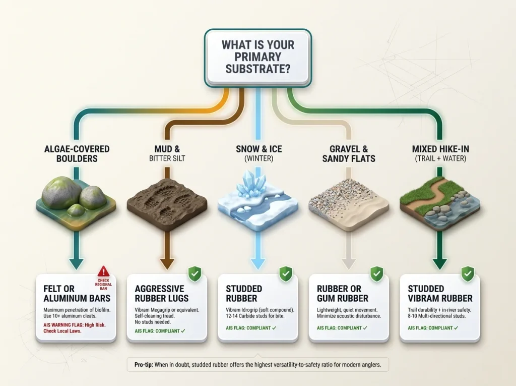Flow chart decision tree for choosing wading boot soles based on substrate, winter conditions, and AIS compliance