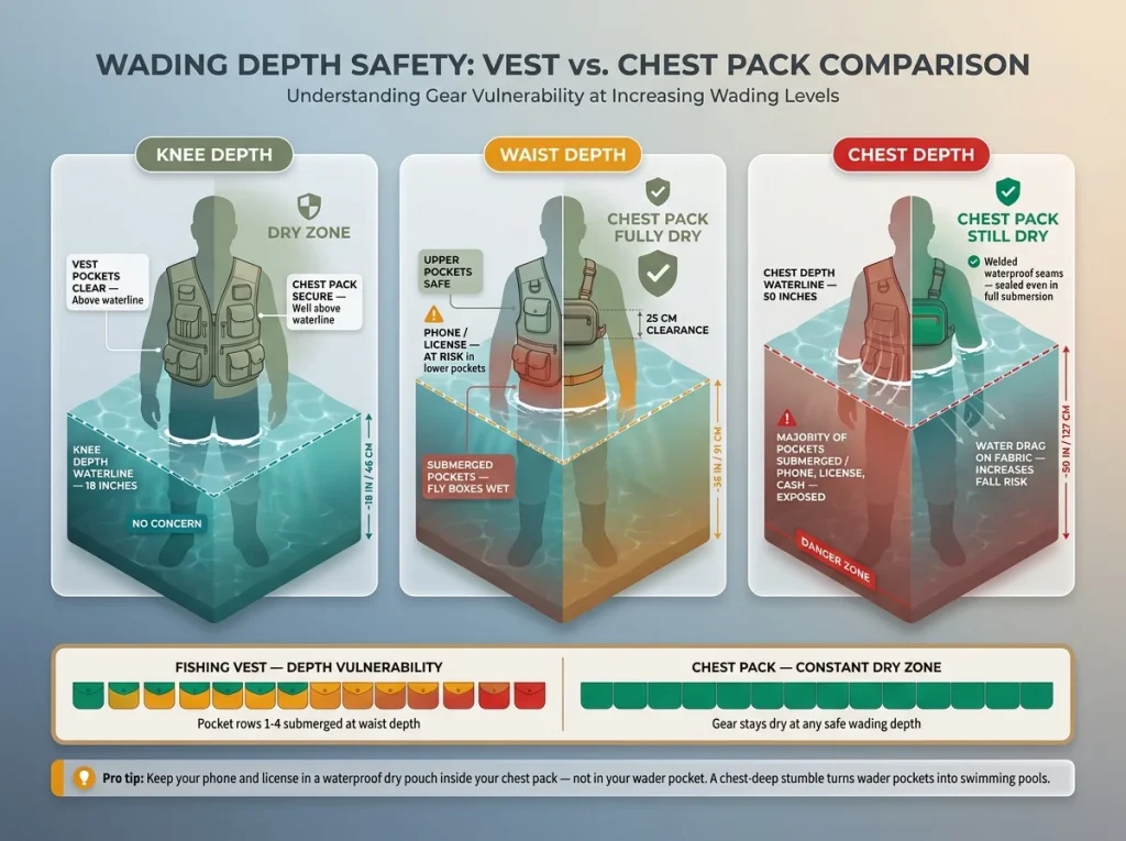 Infographic showing angler wading at knee, waist, and chest depth with color-coded dry zone and splash zone labels for vest and chest pack