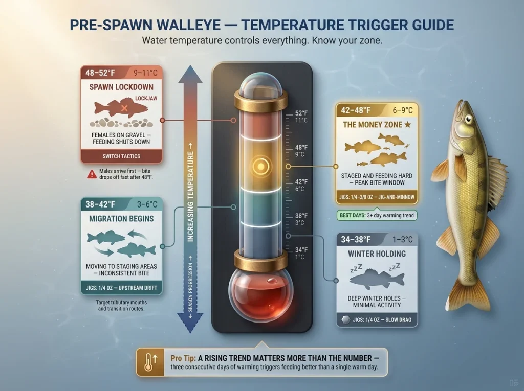 Infographic showing 4 pre-spawn walleye temperature zones with behavior icons, jig weight guides, and presentation tips