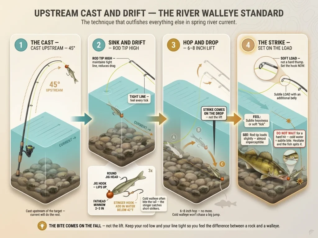 Infographic showing 4-step upstream cast-and-drift walleye technique with jig path, rod position, and strike moment labeled