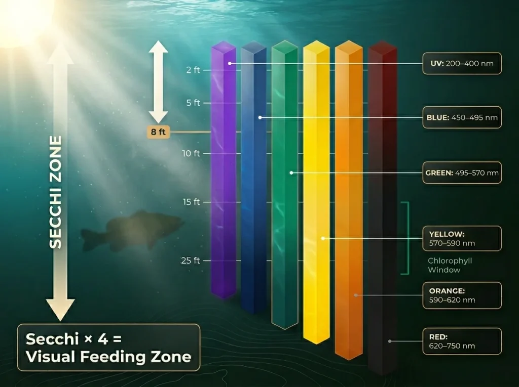Infographic showing vertical water column spectral filtering with 6 color bars fading at specific depths and Secchi zone markers