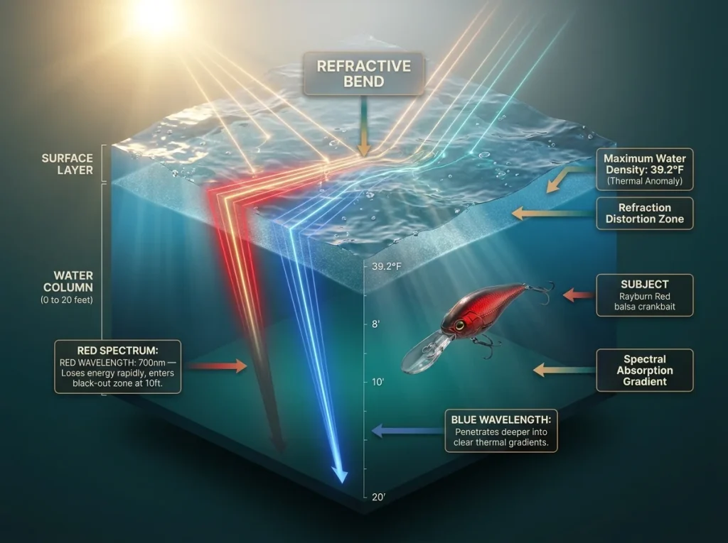 Infographic split-view showing 39.2°F water density refracting light arrays and red wavelength attenuation at depth