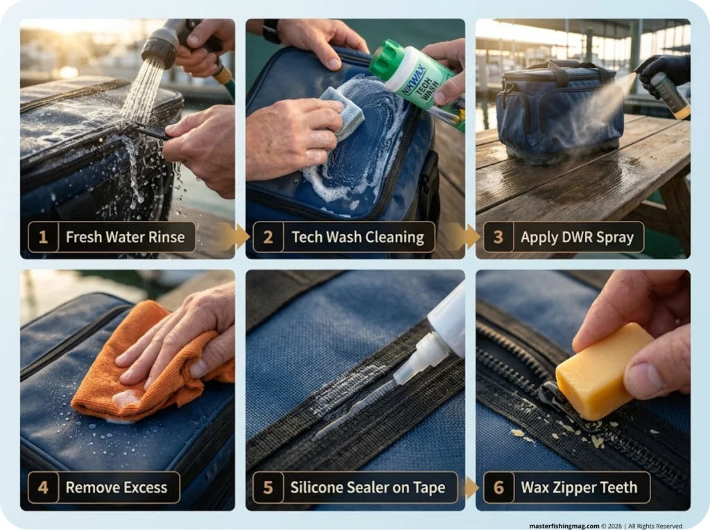 Photo sequence showing 6 steps to waterproof a fishing bag including fresh water rinse, tech wash, DWR spray, and zipper maintenance
