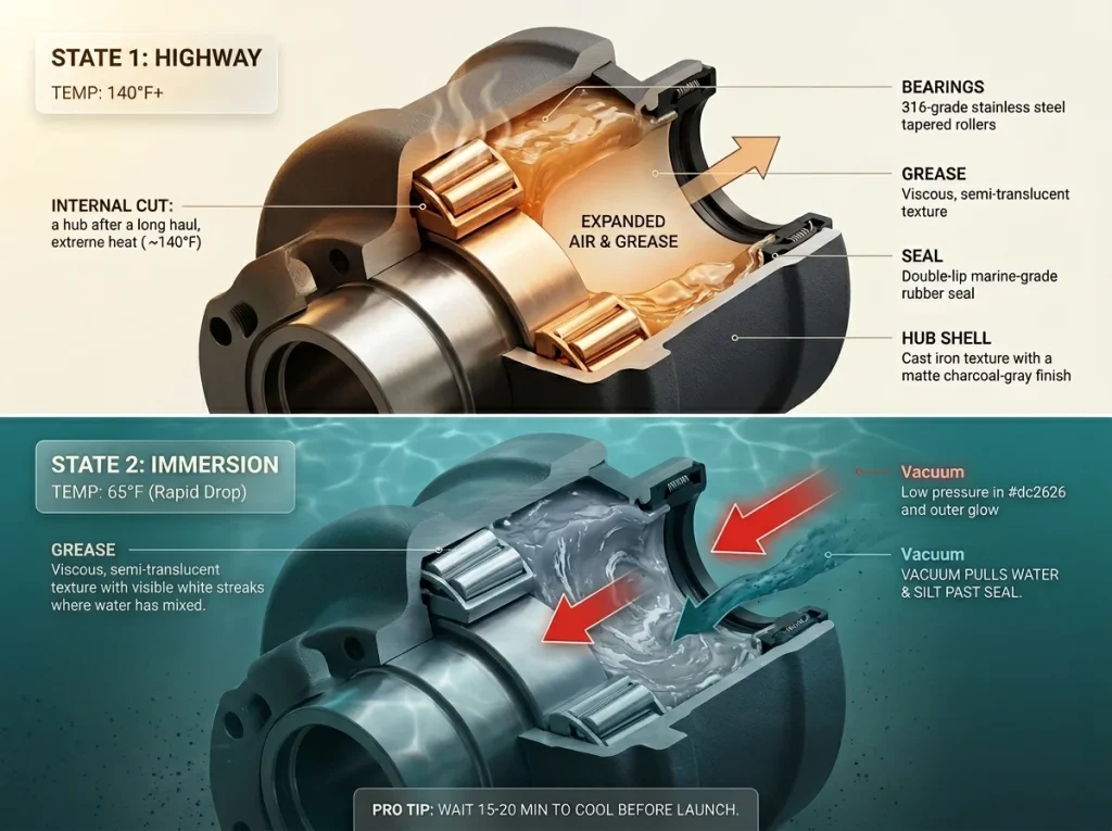 Infographic showing the vacuum effect in wheel hubs between hot highway state and cold water immersion states