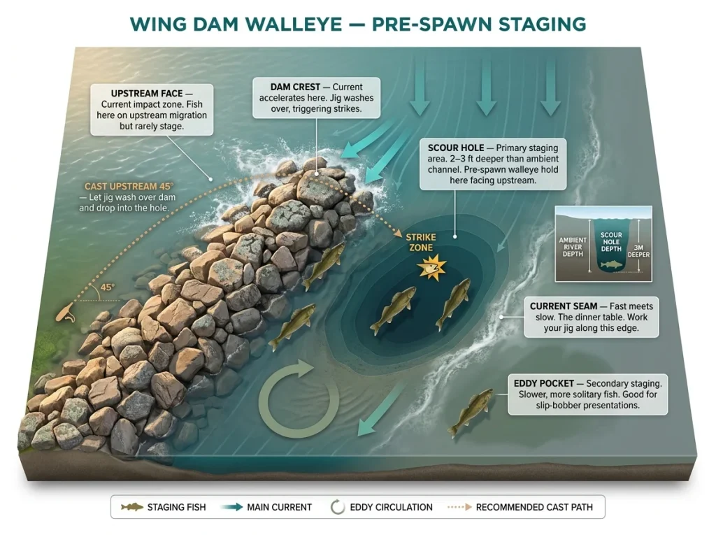 Infographic showing top-down wing dam diagram with walleye staging zones, current flow arrows, and jig casting angles labeled