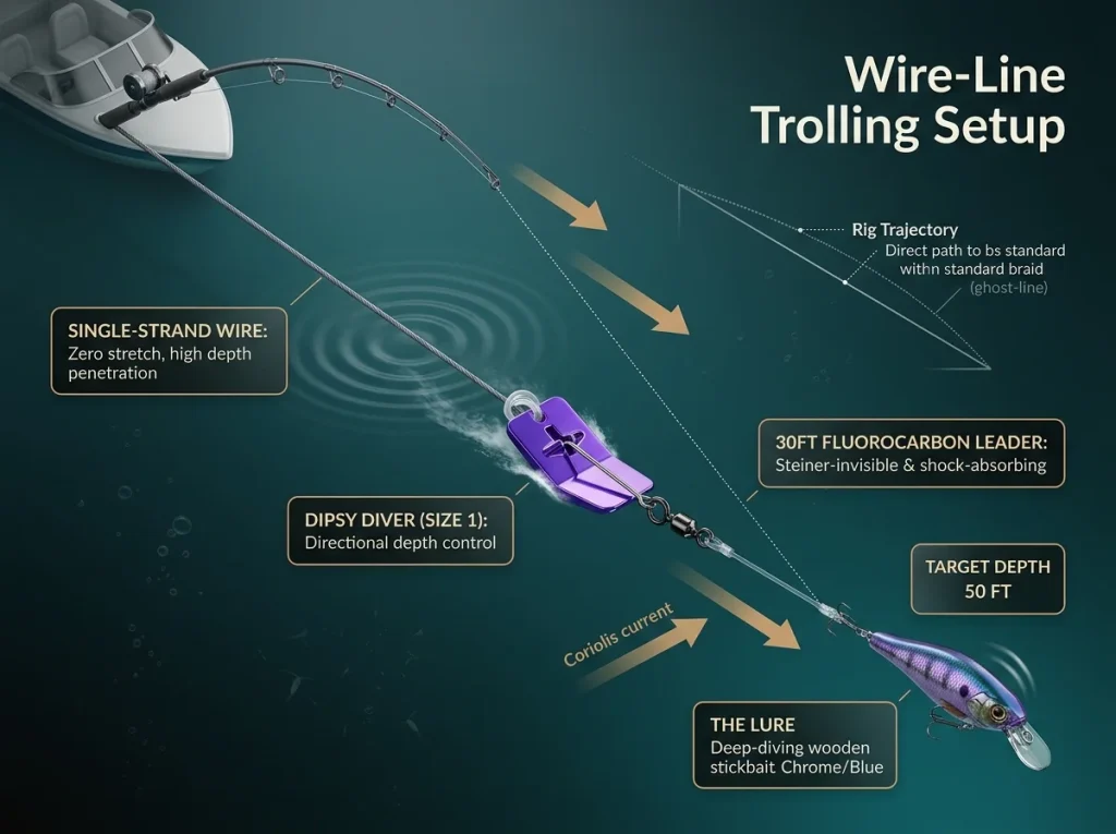 Infographic showing a wire-line trolling setup with Dipsy Diver, fluorocarbon leader, and crankbait at target depth