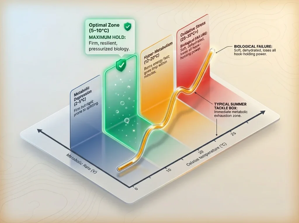 Infographic showing temperature-to-metabolic-rate curve for bait worms with optimal 5-10C zone highlighted