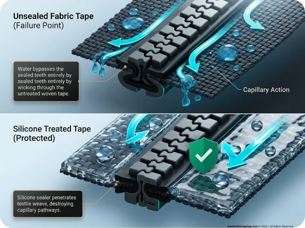 Infographic showing capillary action of water through unsealed zipper tape versus silicone-treated sealed zipper tape