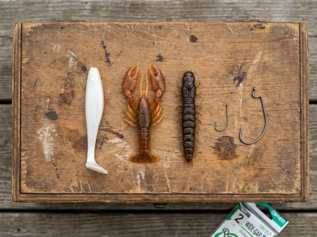 Three forage-matching soft plastic lures — swimbait for shad, crawfish plastic, and hellgrammite lure — arranged with hooks on a wooden tackle box