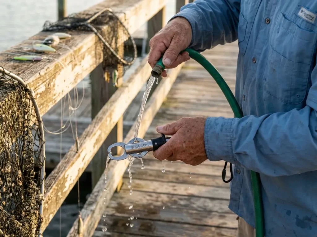 Angler rinsing a Boga Grip under freshwater after saltwater use on a dock with tackle drying in the background