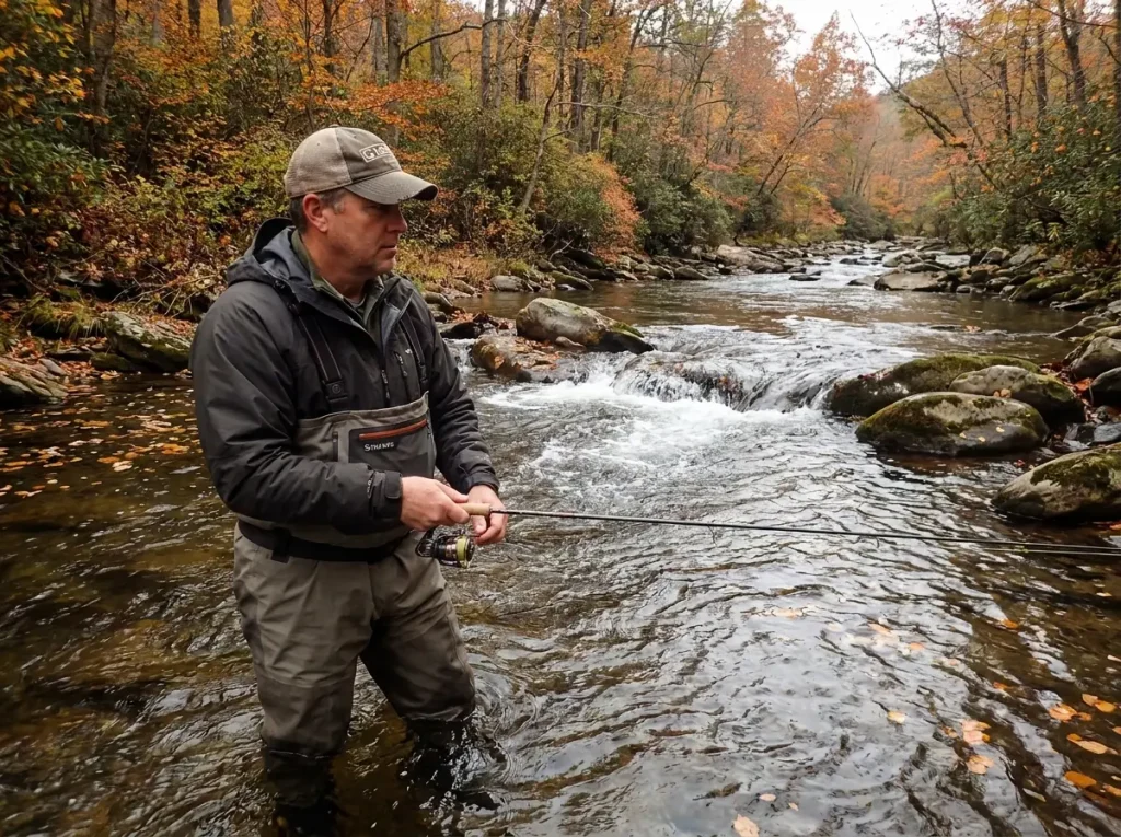 Angler wading a clear Appalachian stream in early fall watching for surface feeding activity while holding a spinning rod