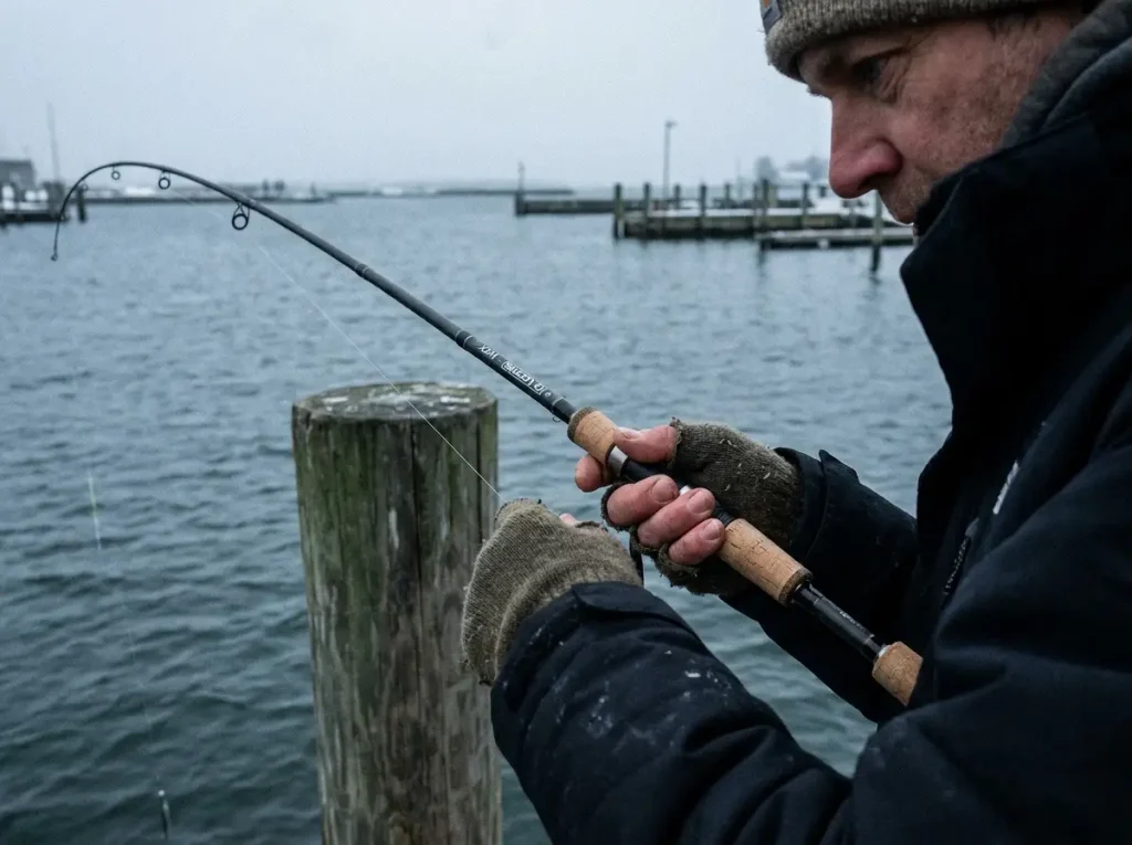 Angler holding a spinning rod at the 10 o'clock position with fingers on the blank detecting a sheepshead bite alongside a dock piling