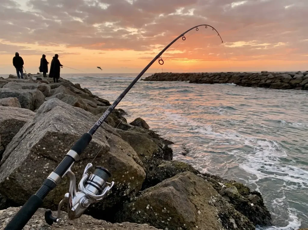 Anglers fishing a Florida tidal inlet jetty at dusk during the summer snook spawning season