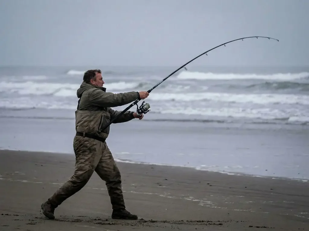 Surf angler mid-pendulum during the inswing phase with body fully rotated and sinker swinging below rod tip