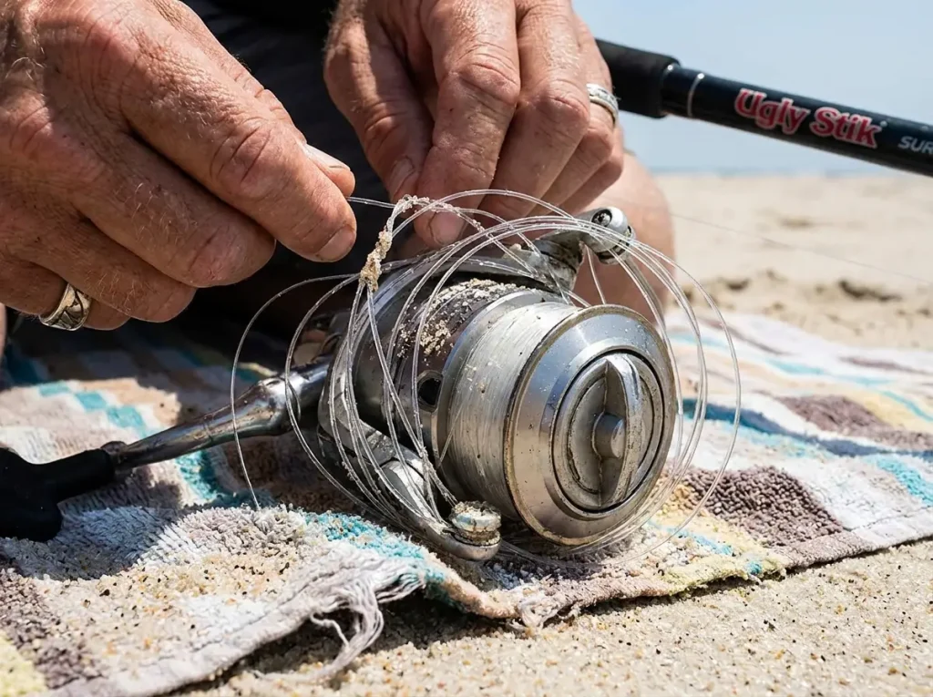 A bird's nest tangle of monofilament line on a spinning reel spool — the result of a mistimed pendulum cast release