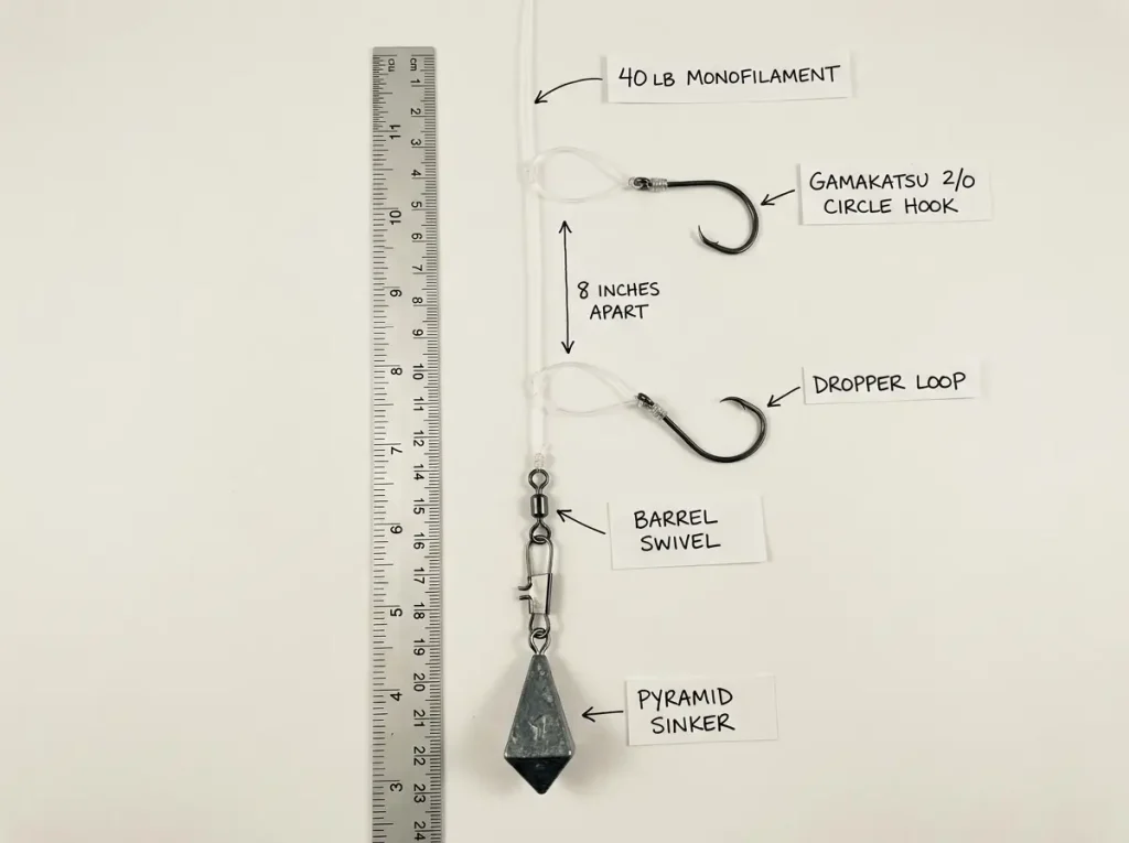 Close-up of a finished high-low bottom fishing rig showing two dropper loop hooks on monofilament leader with pyramid sinker