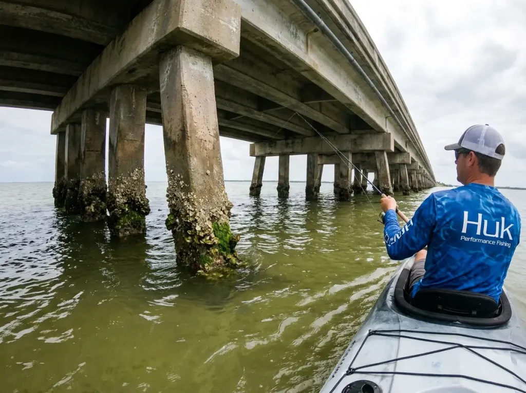 Angler fishing vertically alongside barnacle-covered bridge pilings from a kayak in shallow Florida inshore water