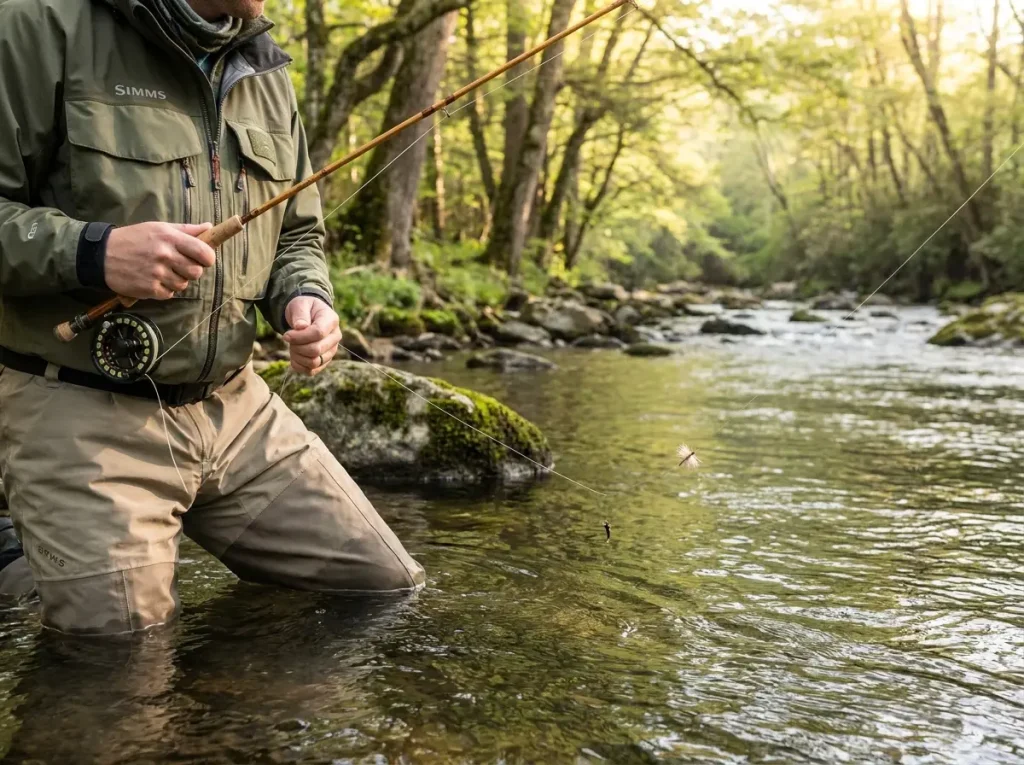 Fly fishing tandem dry-dropper rig with a surface dry fly and a dropper nymph visible below it in clear trout stream water