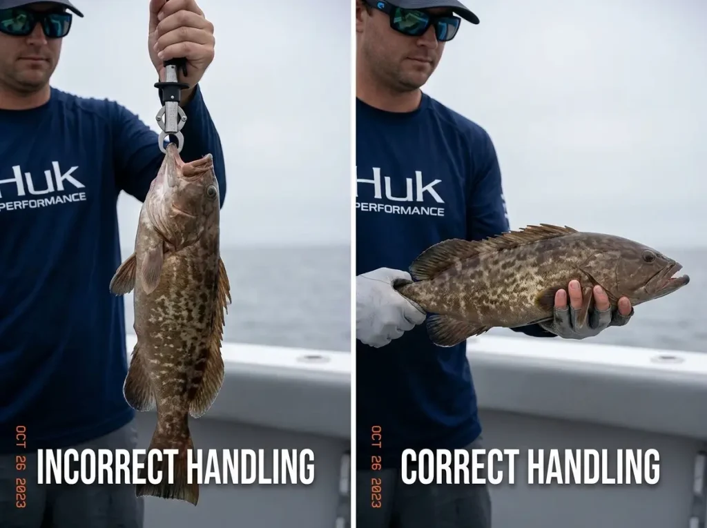 Side-by-side comparison of incorrect vertical fish hold versus correct horizontal supported hold using a lip grip tool