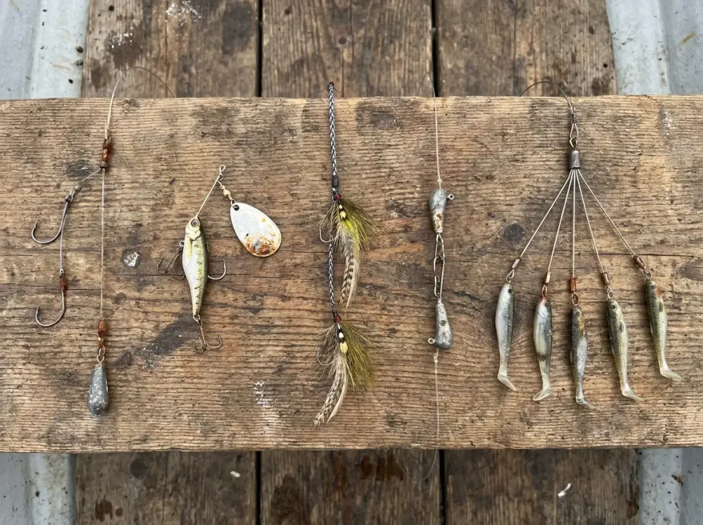 Five different tandem rig fishing setups arranged in a row showing the range of two-lure configurations from bait rigs to Alabama rigs