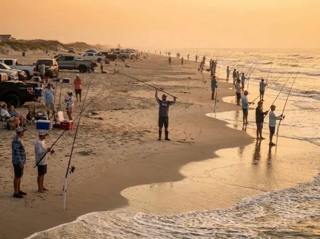 Surf angler with a long casting rod positioned with clear space behind them on a crowded fishing beach, demonstrating safe pendulum cast positioning