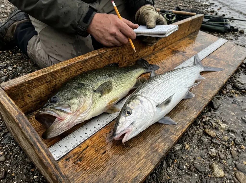 Largemouth bass and bonefish shown side by side on a measuring board illustrating the difference in jaw structure between species tolerant and intolerant of lip gripping
