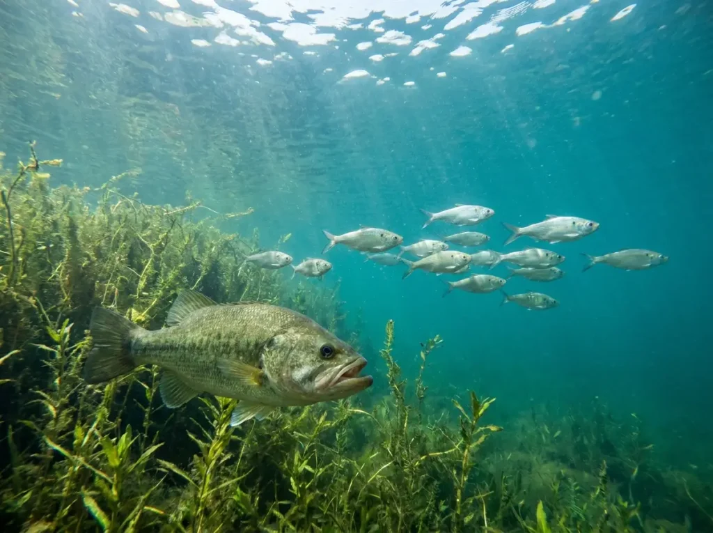 Largemouth bass in ambush position near a submerged weed line with a school of threadfin shad visible in the background