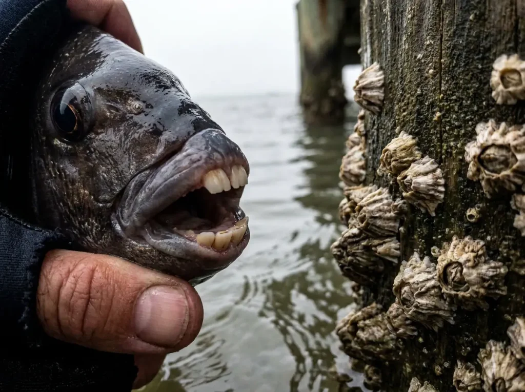 Close-up of a sheepshead's open mouth revealing flat incisor teeth and crushing molars next to a barnacle-covered dock piling