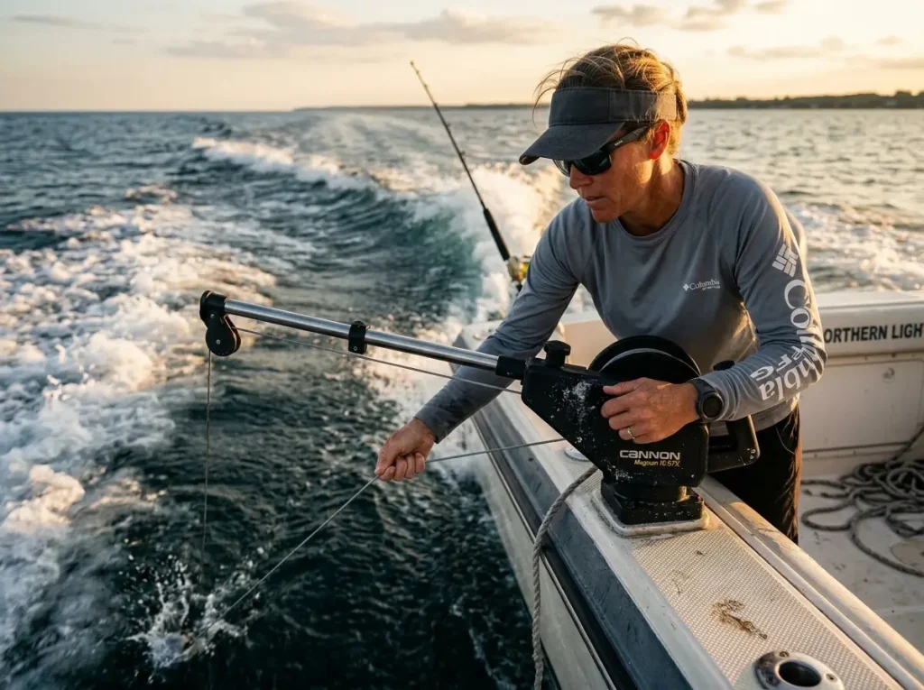 Captain adjusting a downrigger to calculate trolling spoon depth