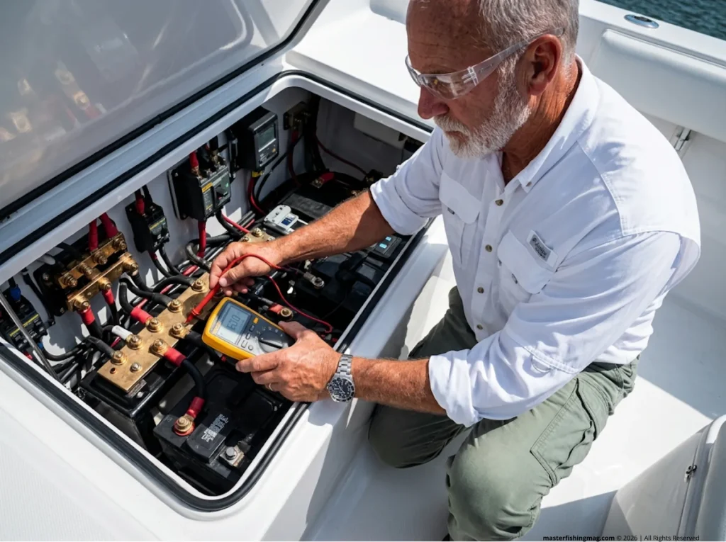 Marine surveyor inspecting a 24V boat electrical system for ABYC compliance using a Fluke multimeter.