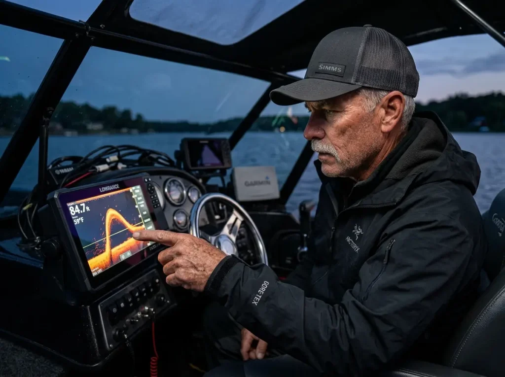 Experienced angler analyzing acoustic data and fish arches on a boat sonar screen