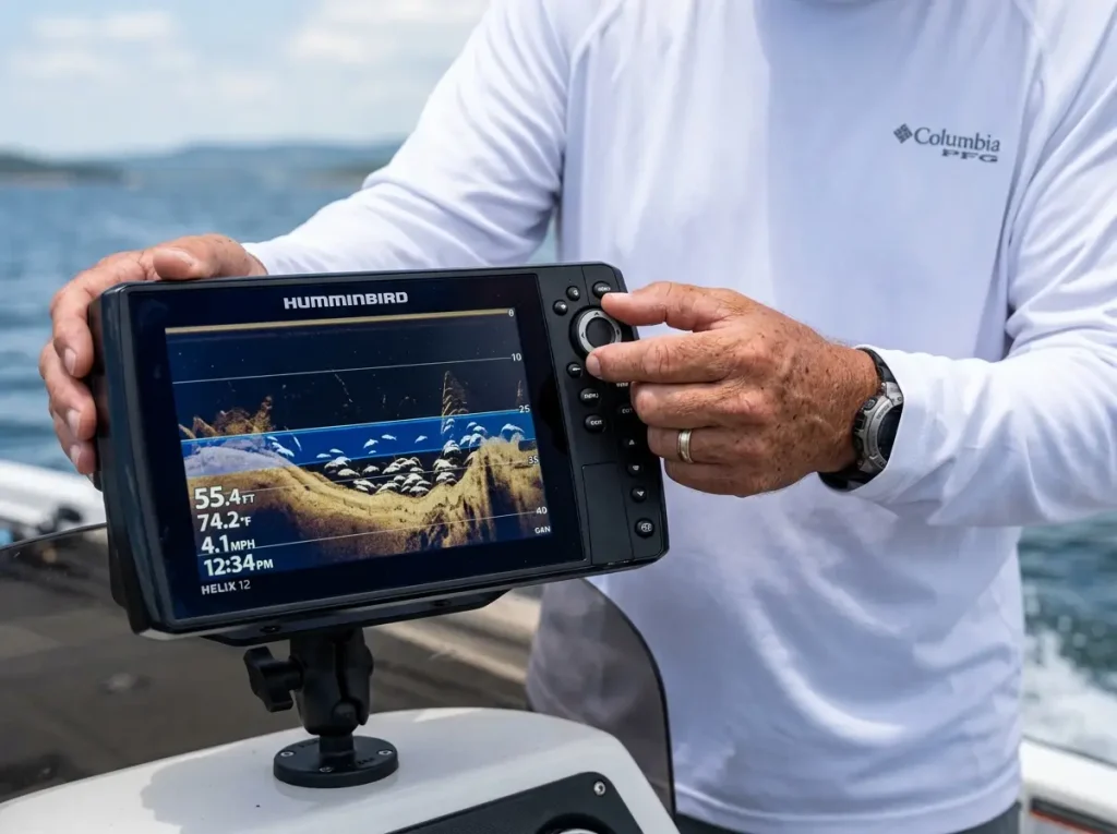 Adjusting sonar contrast to locate the thermocline depth for fish.