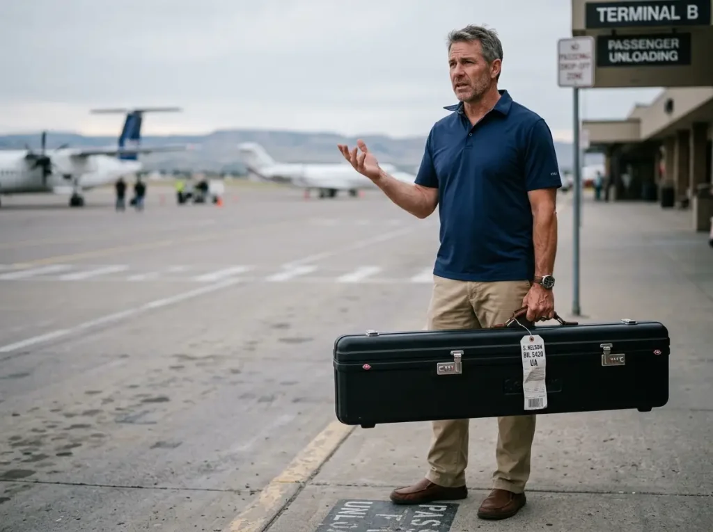Angler holding a compliant fishing rod case travel protection guide at airport.