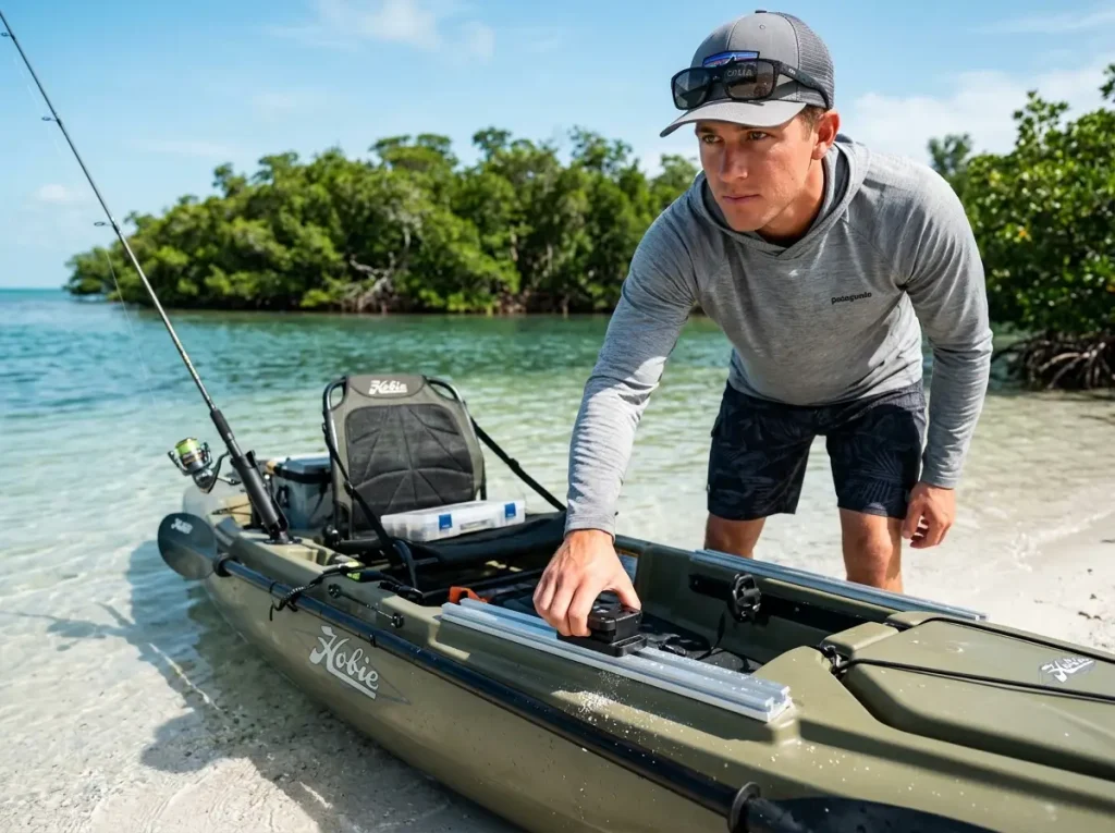 Angler sliding mounting base into rigid aluminum kayak rigging accessory rail track systems showing superior material strength.