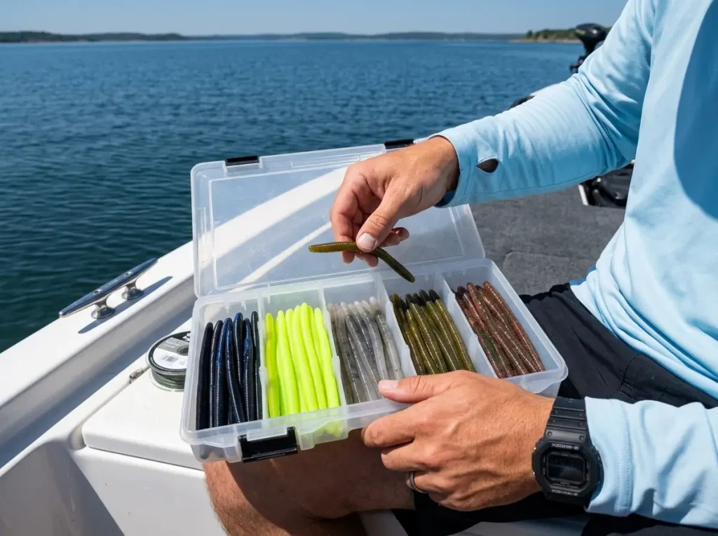 Highly organized tackle box featuring five essential soft plastic colors. 
