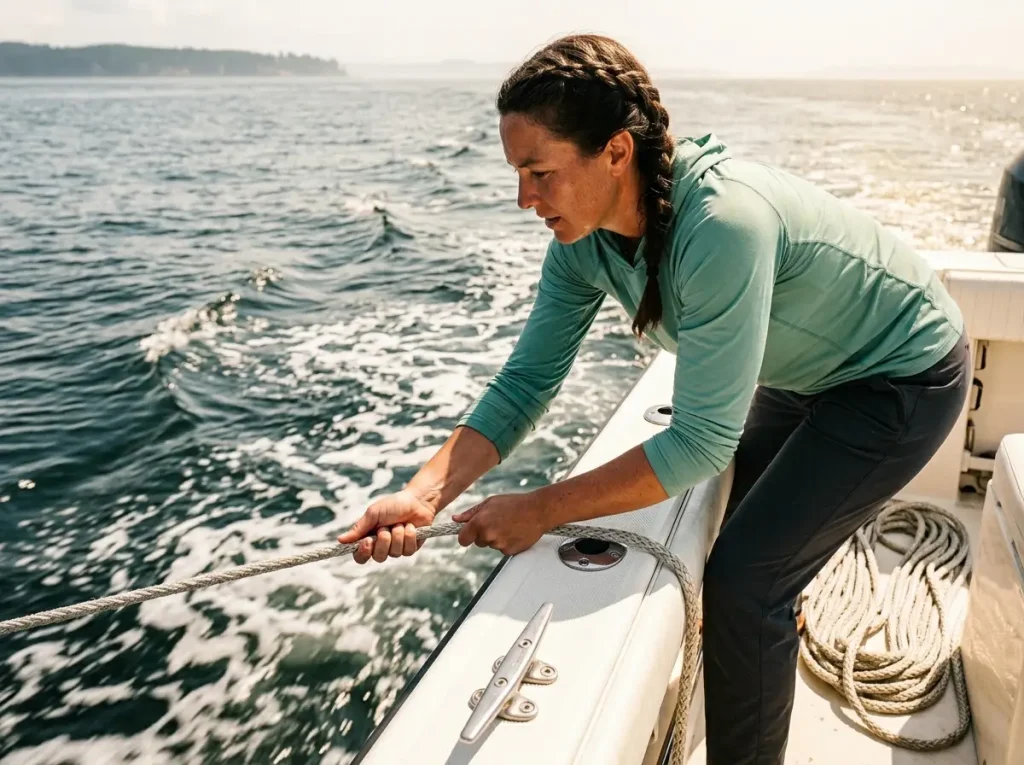 Female angler feeling anchor load and wind vectors