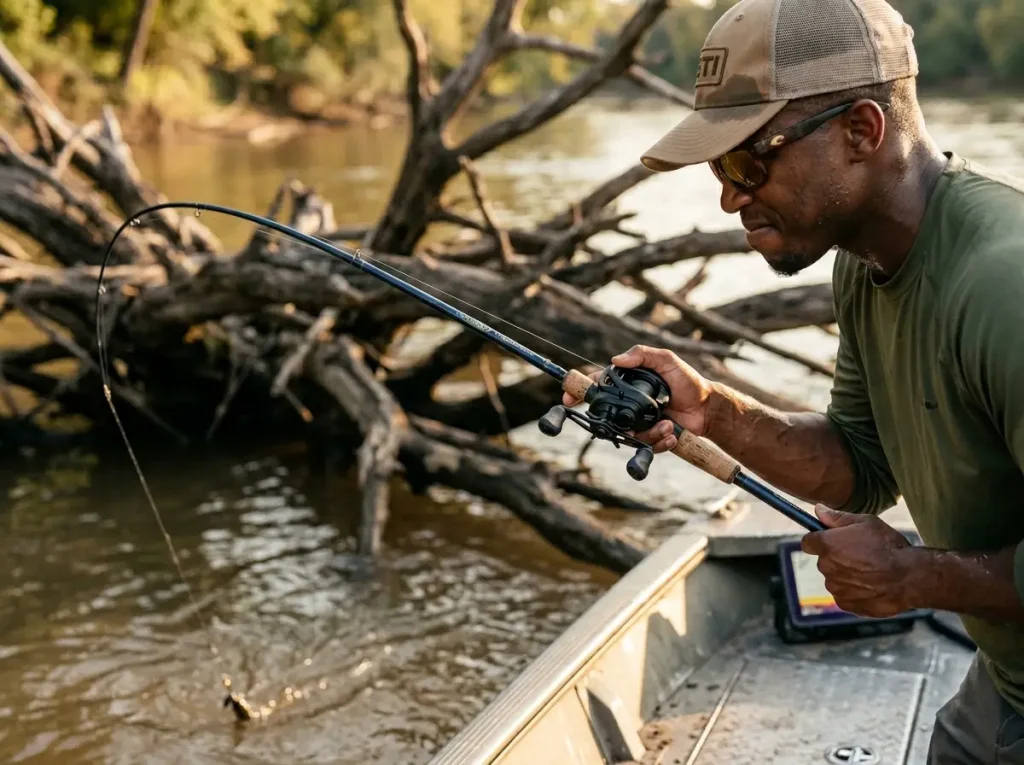 Angler intensely retrieving a vibrating jig in muddy water