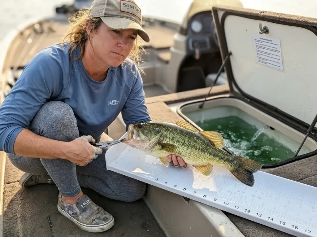 Angler measuring bass with ruler before deciding to keep or release