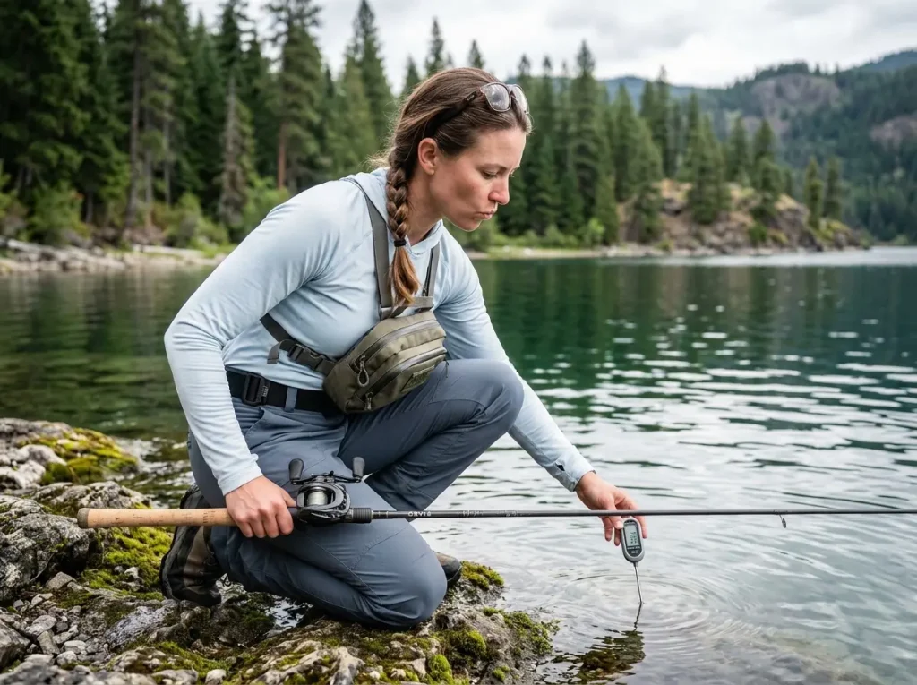 Female angler checking spring water temperature and thermal conditions.