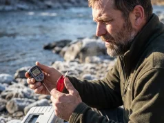 How to Pick Crankbait Colors by Water Temp Using Physics Angler comparing a water thermometer with a red crankbait on a cold morning