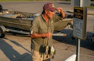 Why Most Anglers Read Fish Advisories Wrong Angler reading fish consumption advisory sign at boat ramp
