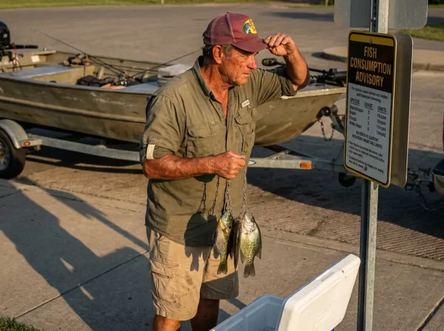 angler-reading-fish-advisory-sign Angler reading fish consumption advisory sign at boat ramp